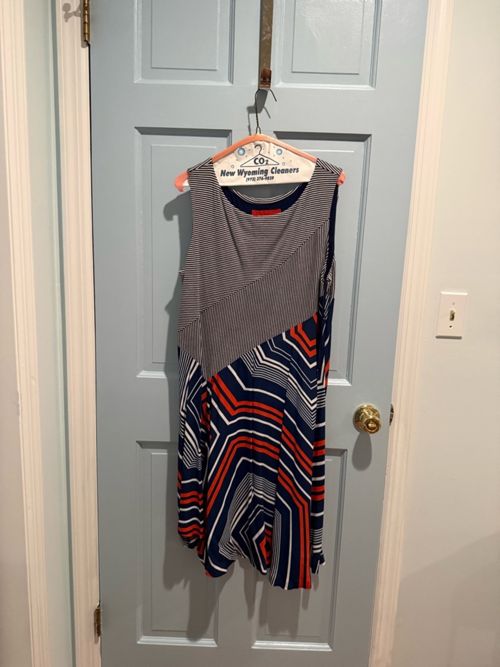 Maeve Navy, Red and White Asymmetrical Striped Midi Dress